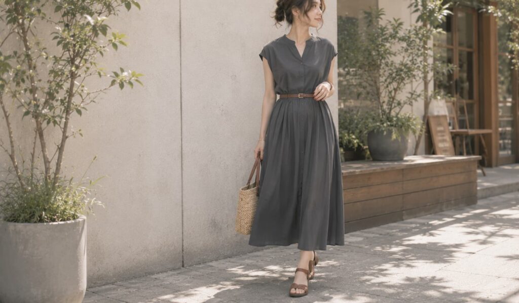 涼しげな夏服のワンピースにブラウンのベルトで秋っぽさを足した晩夏コーデ