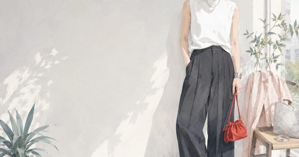 涼しげな夏服にチャコールグレーと赤い小物を合わせた晩夏コーデ