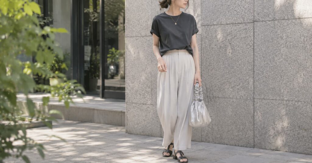 涼しげな夏服にサテン調のバッグを組み込んだ晩夏コーデ