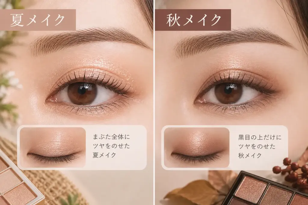 まぶた全体にツヤをのせた夏のアイメイクと、黒目の上だけにツヤをのせた深みのある秋メイク